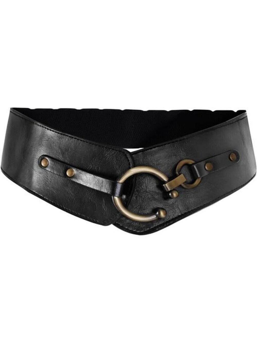 Women's Wide Elastic Waist Belt  Black Vegan Leather Stretch Interlock Buckle